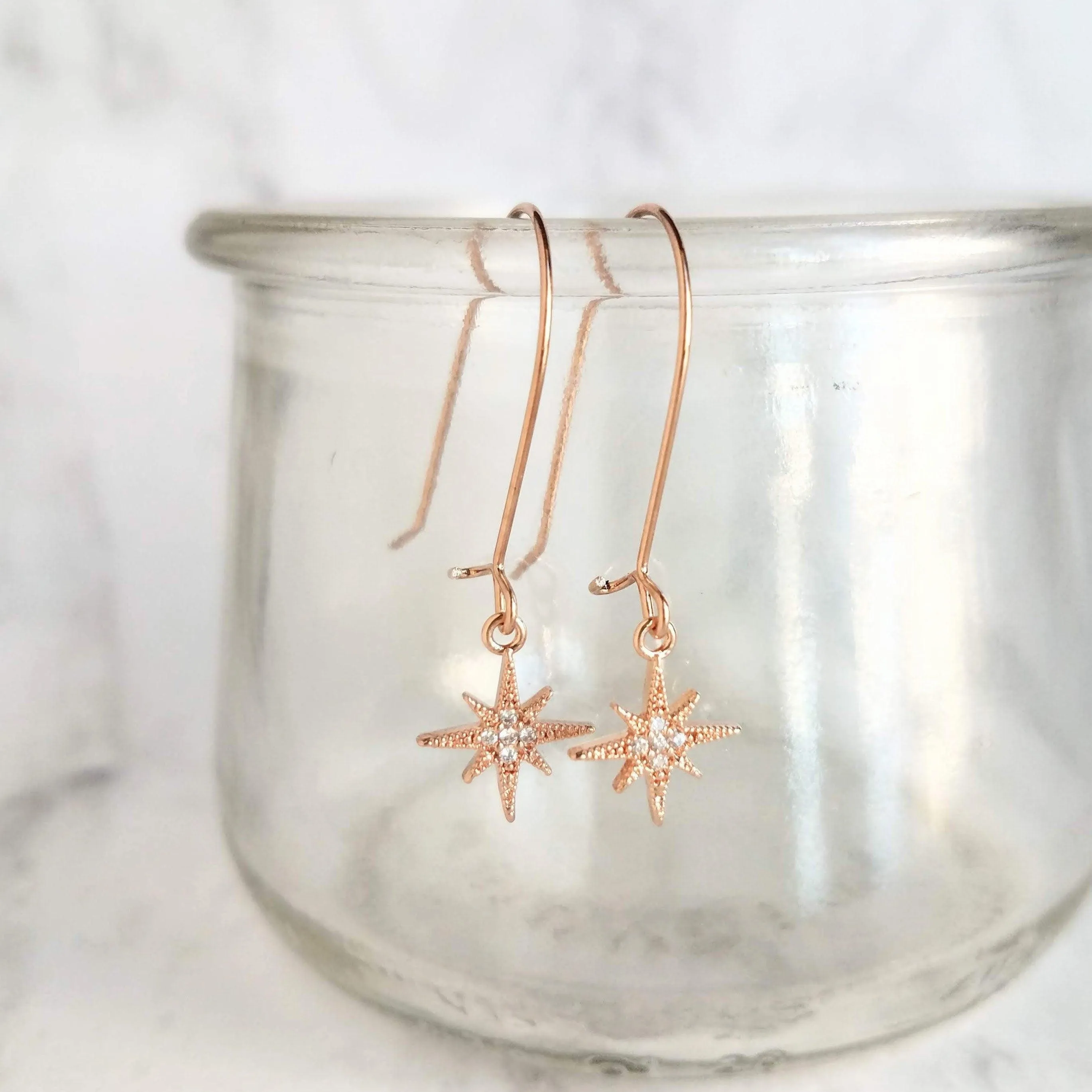 Wishing Star Earrings, rose gold dangles, delicate dangle earrings, dainty rose gold earrings, rose gold kidney hooks, celestial jewelry, Polaris charm w/ cubic zirconia, CZ star earrings