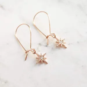 Wishing Star Earrings, rose gold dangles, delicate dangle earrings, dainty rose gold earrings, rose gold kidney hooks, celestial jewelry, Polaris charm w/ cubic zirconia, CZ star earrings