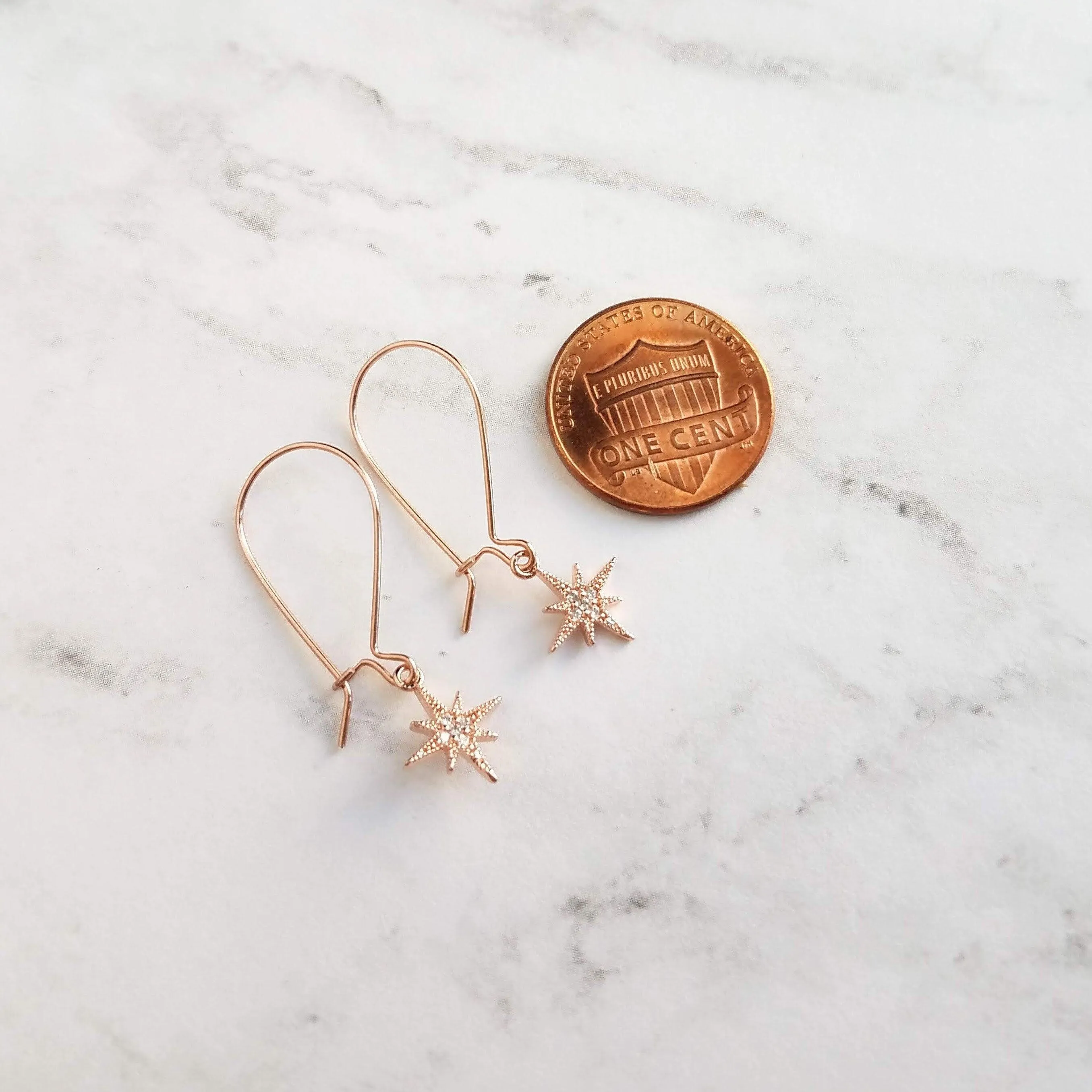 Wishing Star Earrings, rose gold dangles, delicate dangle earrings, dainty rose gold earrings, rose gold kidney hooks, celestial jewelry, Polaris charm w/ cubic zirconia, CZ star earrings