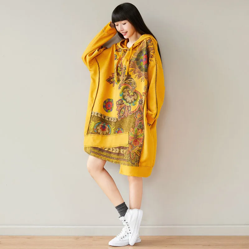 Women's Retro Artistic Hooded Mid-length Sweater Dress