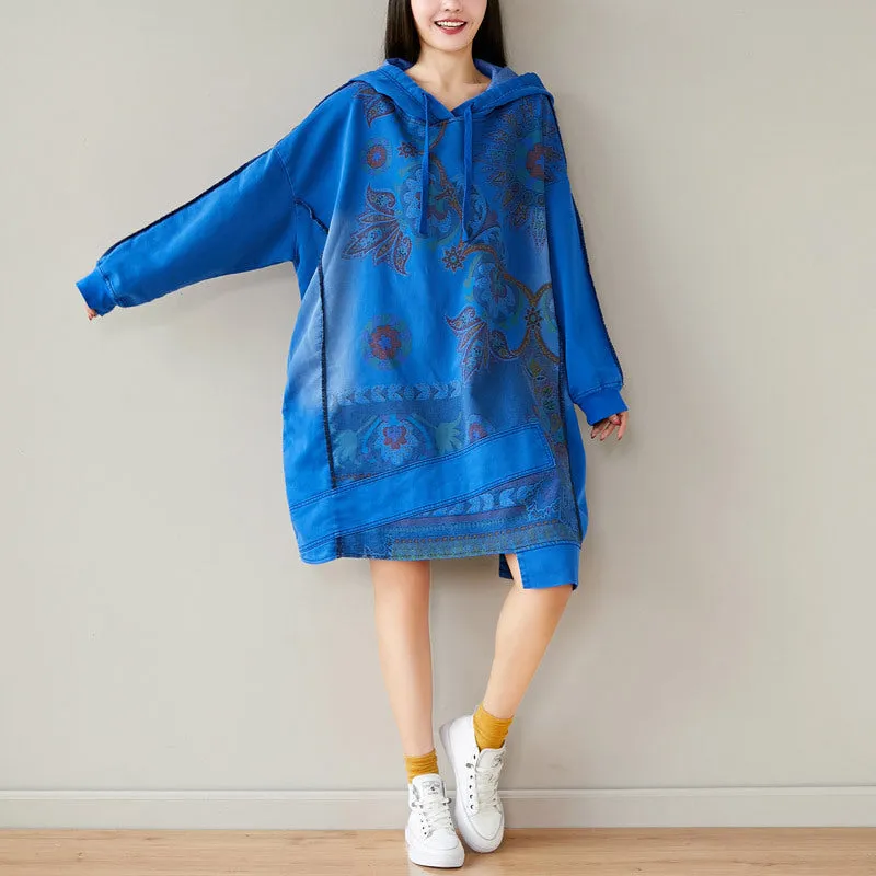 Women's Retro Artistic Hooded Mid-length Sweater Dress