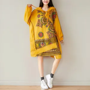 Women's Retro Artistic Hooded Mid-length Sweater Dress