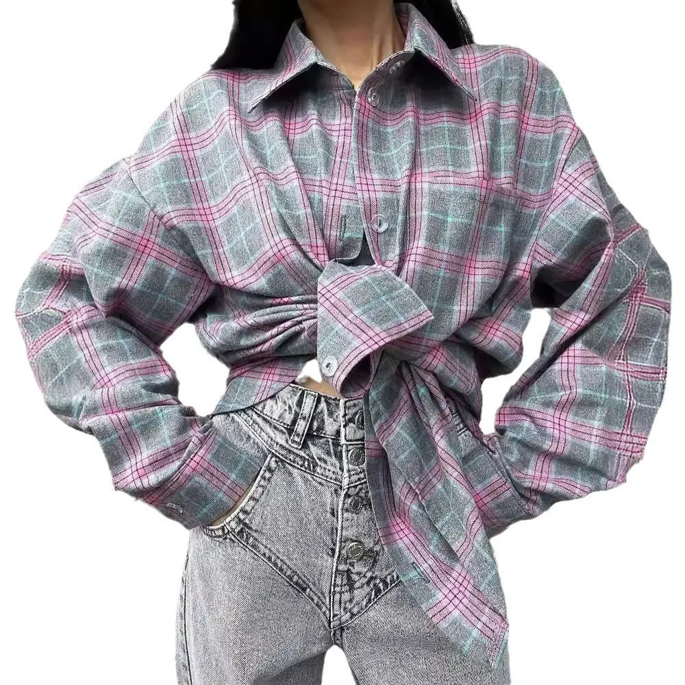 Women's Retro Easy Matching Lapel Loose Plaid Long-sleeved Shirt