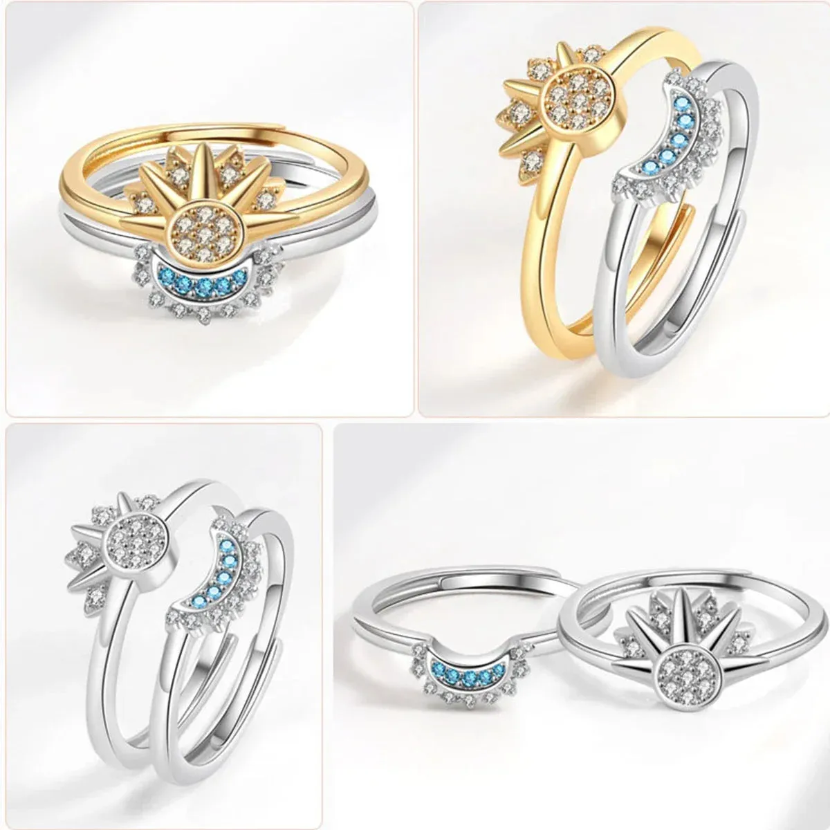 Women's Sky Blue Sparkling Moon and Sun Ring - Stackable Finger