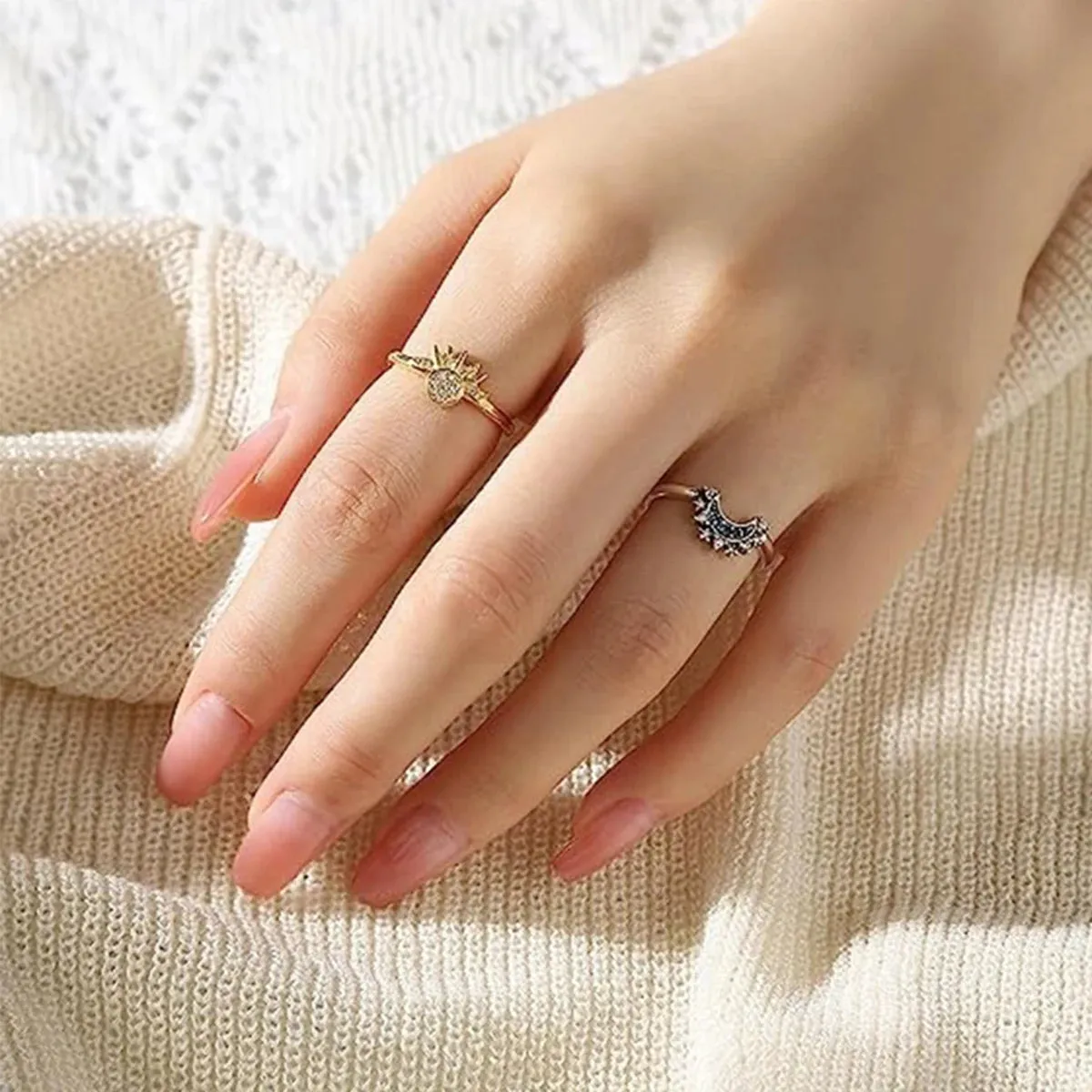 Women's Sky Blue Sparkling Moon and Sun Ring - Stackable Finger