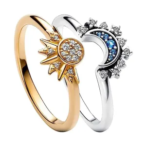 Women's Sky Blue Sparkling Moon and Sun Ring - Stackable Finger