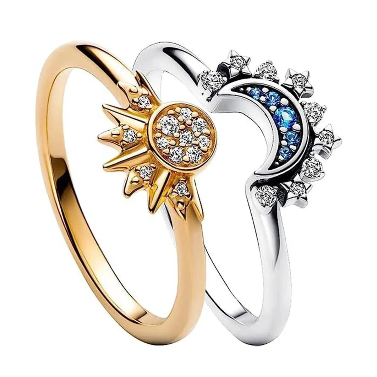 Women's Sky Blue Sparkling Moon and Sun Ring - Stackable Finger