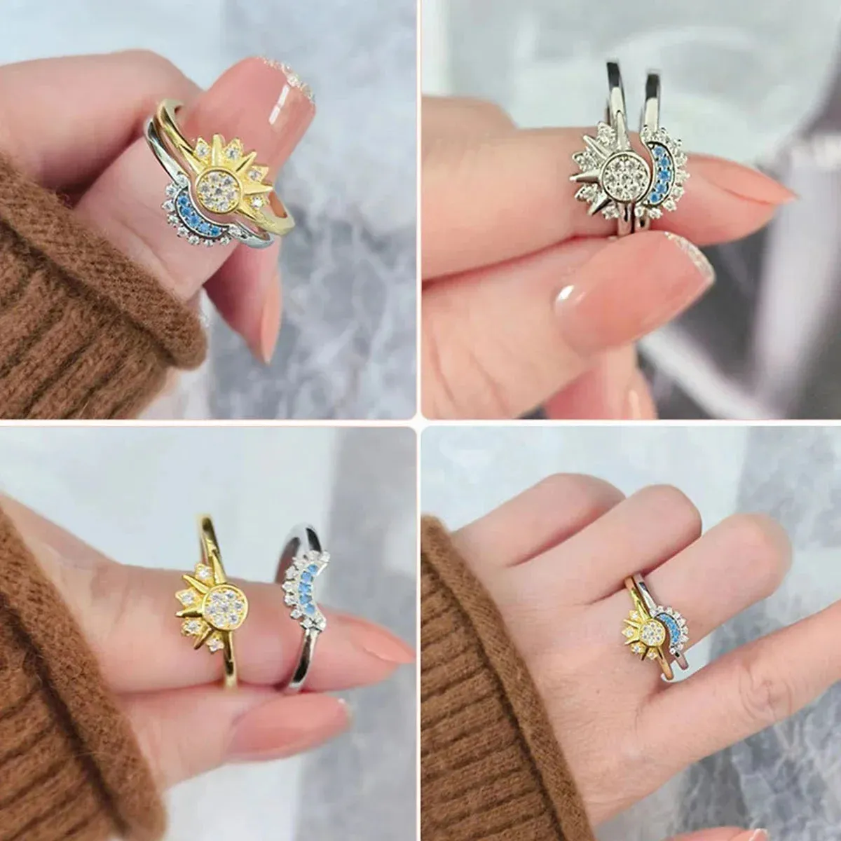 Women's Sky Blue Sparkling Moon and Sun Ring - Stackable Finger