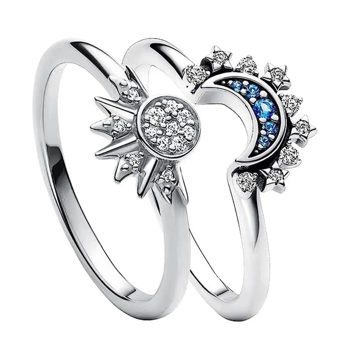 Women's Sky Blue Sparkling Moon and Sun Ring - Stackable Finger
