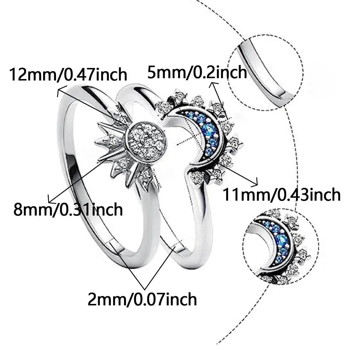 Women's Sky Blue Sparkling Moon and Sun Ring - Stackable Finger