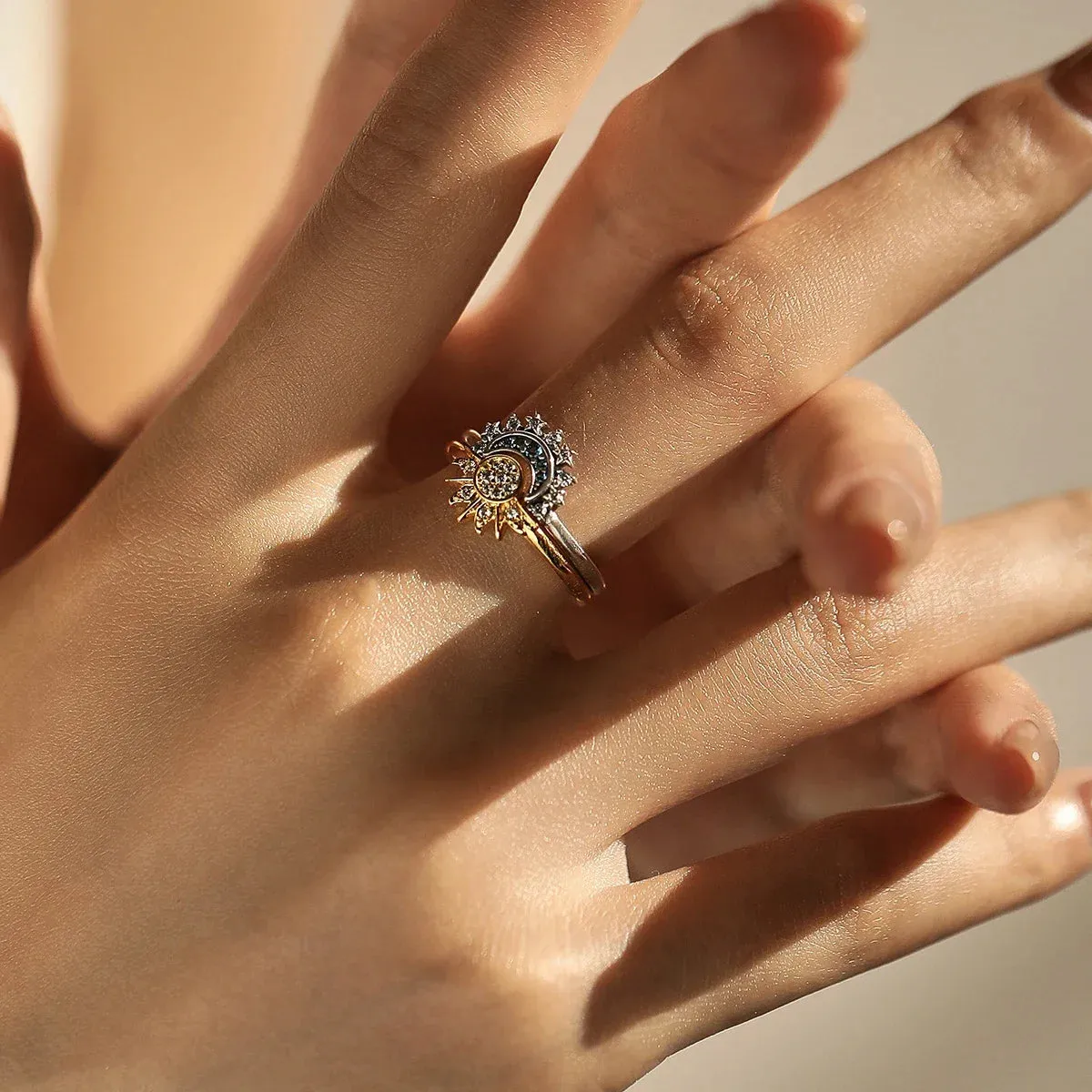 Women's Sky Blue Sparkling Moon and Sun Ring - Stackable Finger