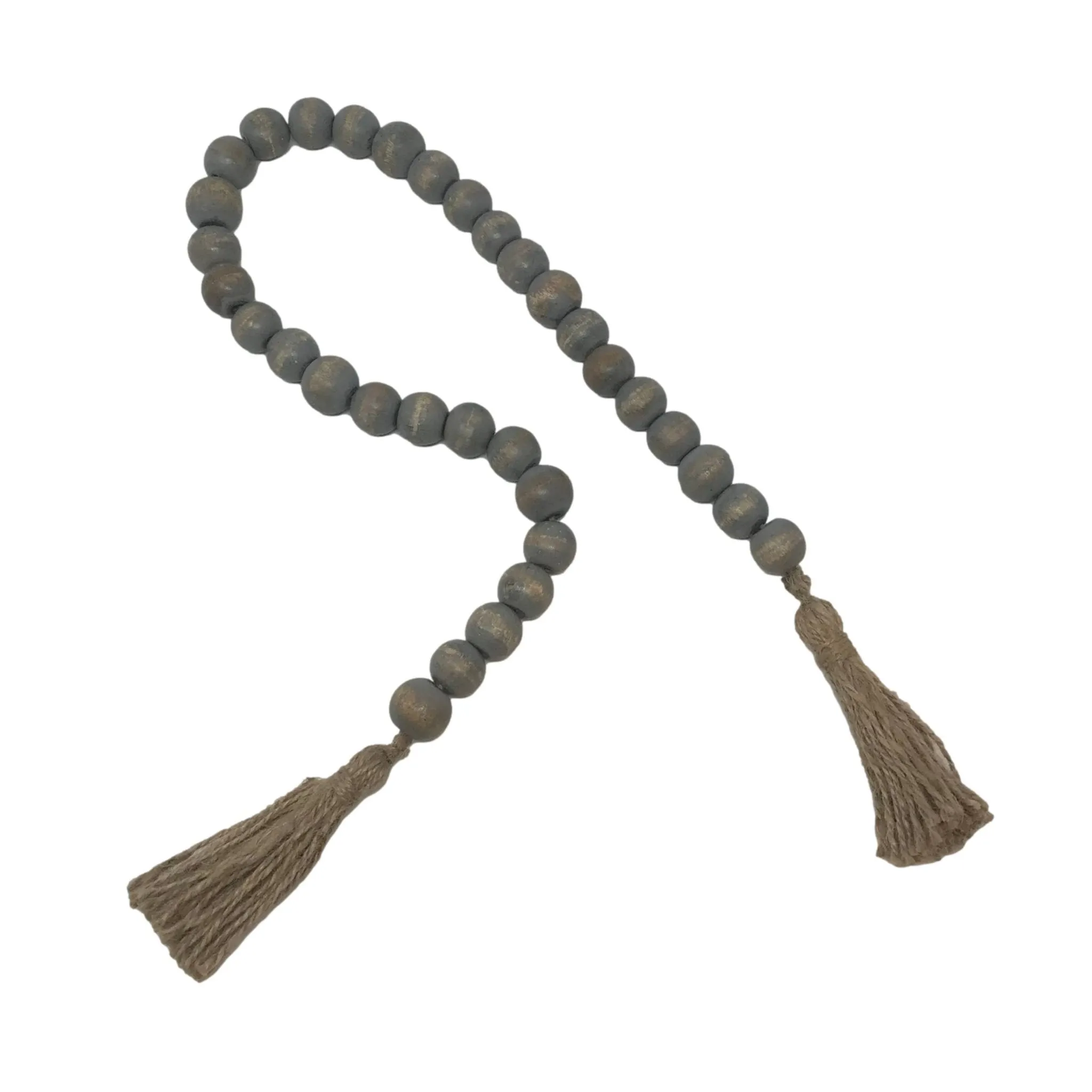 Wooden Boho Bead Garland with Natural Jute Tassels-Whitewash: Turquoise
