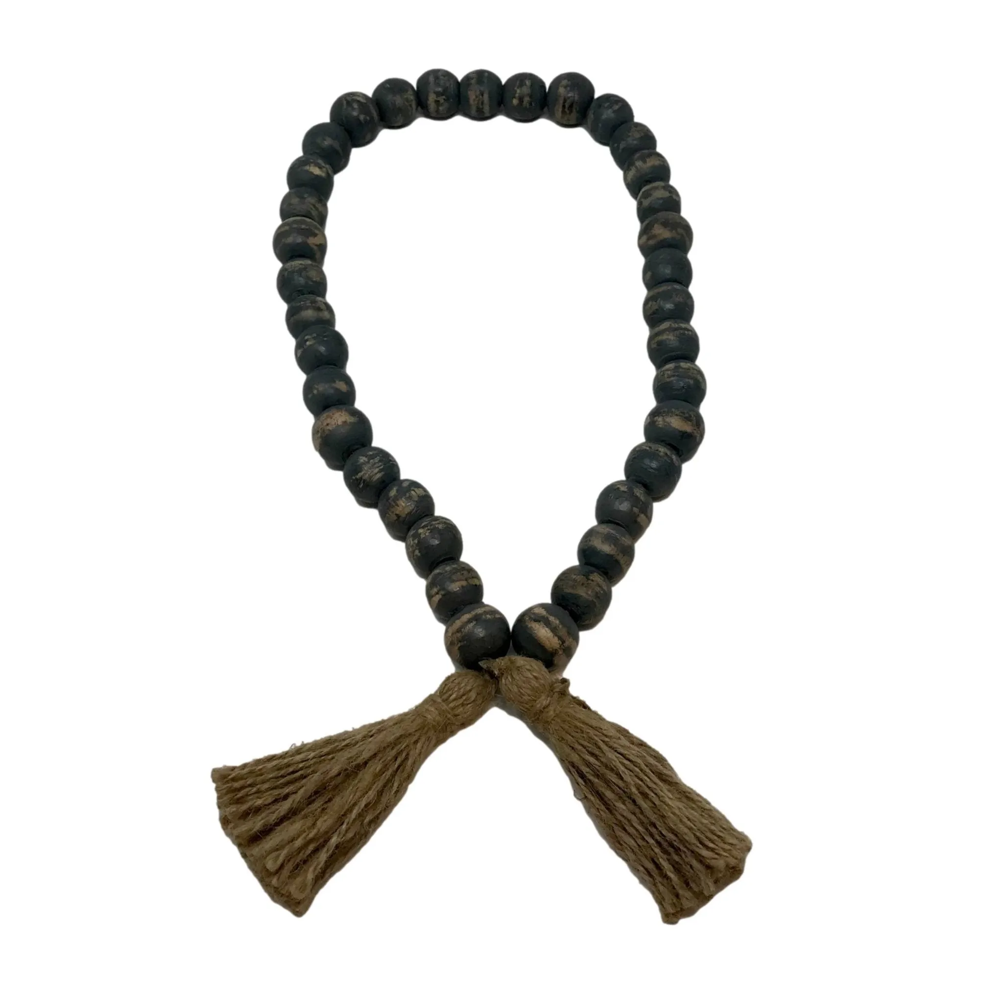 Wooden Boho Bead Garland with Natural Jute Tassels-Whitewash: Turquoise