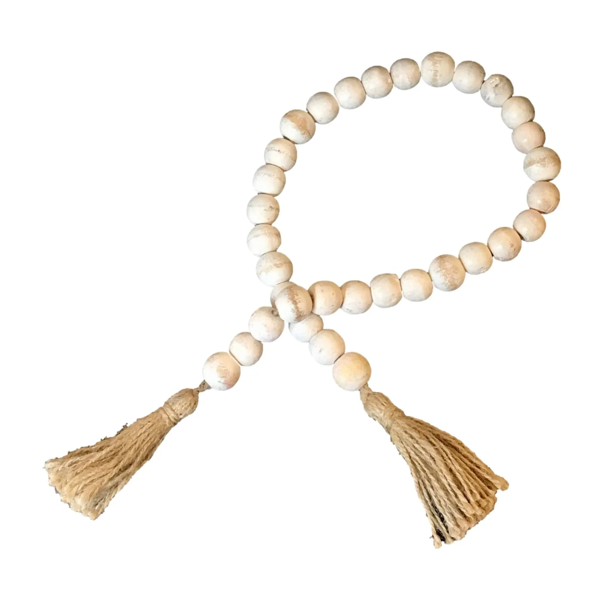 Wooden Boho Bead Garland with Natural Jute Tassels-Whitewash: Turquoise