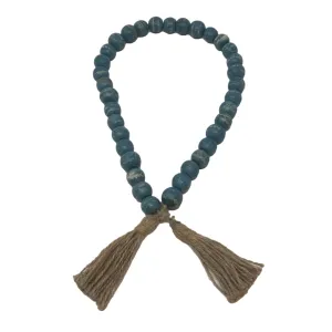 Wooden Boho Bead Garland with Natural Jute Tassels-Whitewash: Turquoise