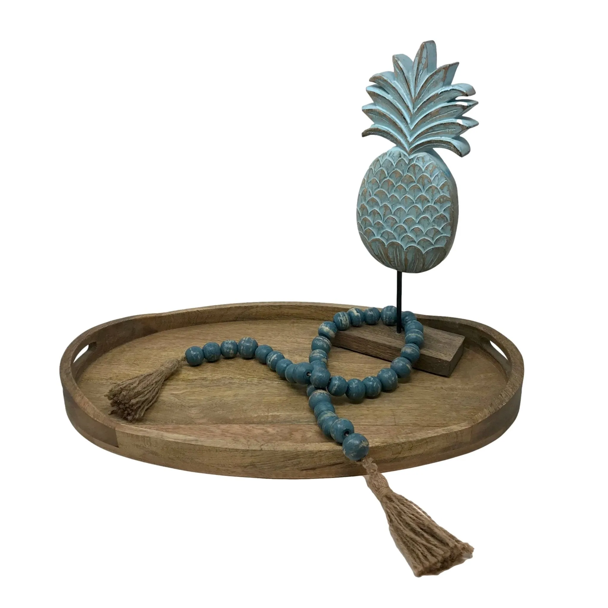 Wooden Boho Bead Garland with Natural Jute Tassels-Whitewash: Turquoise