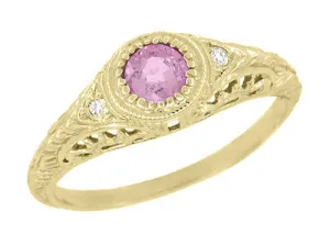 Yellow Gold Art Deco Engraved Pink Sapphire and Diamond Filigree Engagement Ring - 14K or 18K