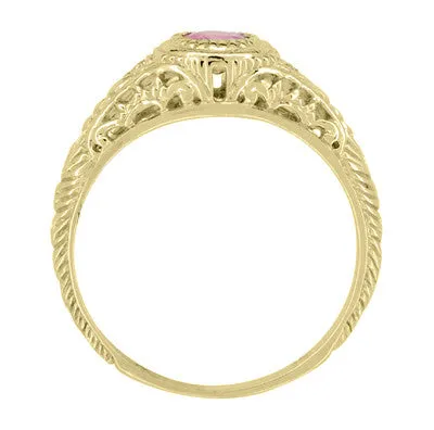 Yellow Gold Art Deco Engraved Pink Sapphire and Diamond Filigree Engagement Ring - 14K or 18K