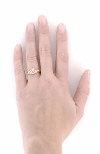 Yellow Gold Art Deco Engraved Pink Sapphire and Diamond Filigree Engagement Ring - 14K or 18K