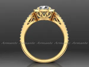 Yellow Gold Halo Engagement Ring Filigree Ring Wedding Ring