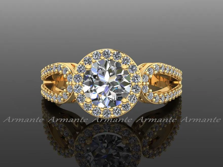 Yellow Gold Halo Engagement Ring Filigree Ring Wedding Ring