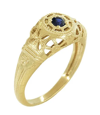 Yellow Gold Low Dome Floral Filigree Art Deco Blue Sapphire Ring