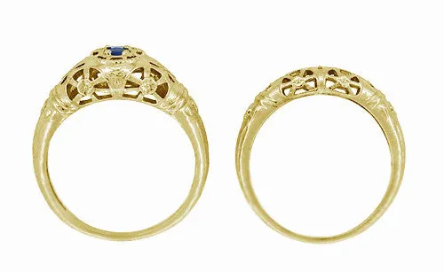 Yellow Gold Low Dome Floral Filigree Art Deco Blue Sapphire Ring