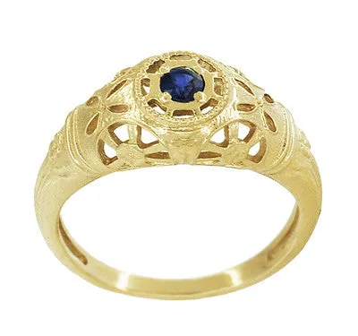 Yellow Gold Low Dome Floral Filigree Art Deco Blue Sapphire Ring