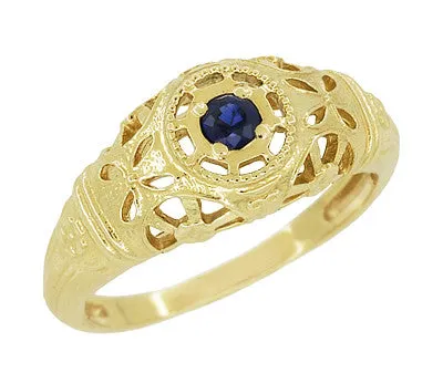 Yellow Gold Low Dome Floral Filigree Art Deco Blue Sapphire Ring