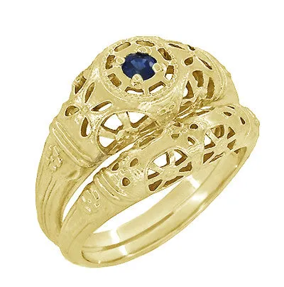 Yellow Gold Low Dome Floral Filigree Art Deco Blue Sapphire Ring