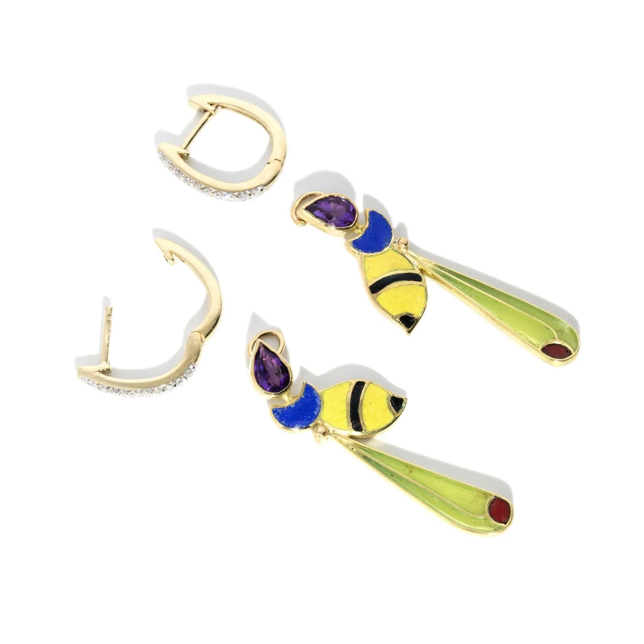 Zorah 1990s 18ct Hornet Drops & 9ct Diamond Hoops